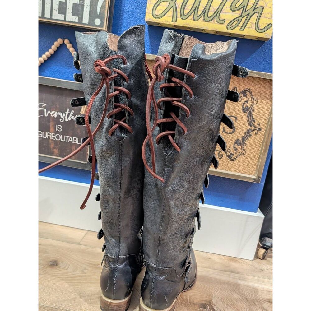 Freebird by Steven Rylan Boots Navy Buckles Boho Steampunk Western Womens 9 RARE - Picture 3 of 9